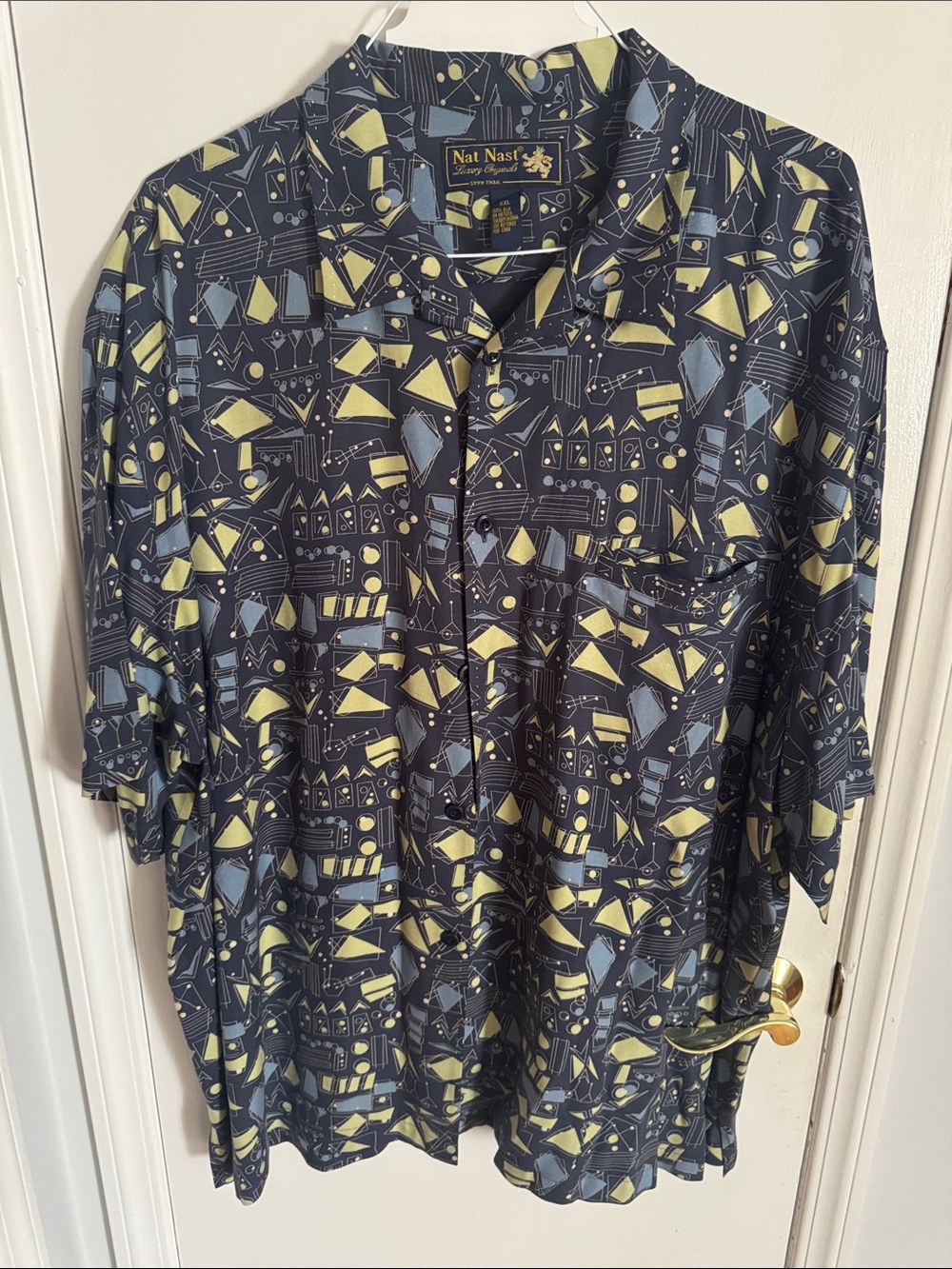 Nat Nast Geo-Pattern Short-Sleeve Shirt in Navy, Yellow & Light Blue